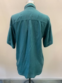 Mens, Casual Shirt, CITY STREETS, Teal Green, Silk, Solid, S, C.A., B.F., S/S, 1 Pckt, Replaced Button On Pocket