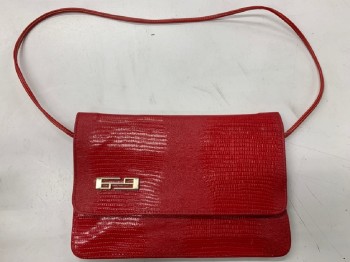 Womens, Purse, NO LABEL, Red, Gold, Leather, Reptile/Snakeskin, Gold Embellishment, Snap Button, Built In Mirror, Leather Strap