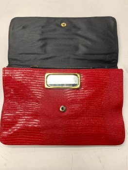 Womens, Purse, NO LABEL, Red, Gold, Leather, Reptile/Snakeskin, Gold Embellishment, Snap Button, Built In Mirror, Leather Strap