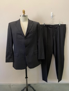 BOSS, Coffee Brown, Wool, 2 Color Weave, Stripes - Pin, Single Breasted, 3 Buttons, Notched Lapel, 3 Pockets, 2 Back Vents,  Coffee Brown and Black Weave, Light Gray and Dark Gray Pin Stripes *Small Stains By Back Hem*