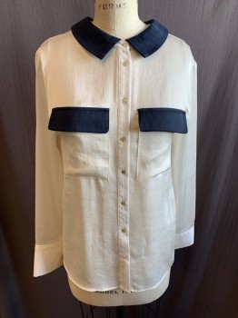 Womens, Blouse, ZARA, Ivory White, Black, Navy Blue, Polyester, Solid, S, Black Collar Attached, Button Front, Long Sleeves, 2 Pockets with Navy Flaps