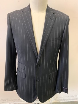 SERGIO VALENTINO, Black, Wool, Polyester, Stripes - Pin, Notched Lapel, Hand Picked Stitching, Outer Breast Pocket, 2 Buttons, 3 Pockets with Flaps, 2 Vents