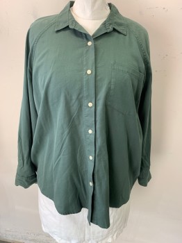 Womens, Blouse, UNIVERSAL THREAD, Forest Green, Cotton, Solid, XXL, LS, C.A., 7 Buttons, 1 Pocket, Raglan Sleeves, Placket Gauntlet Button, Square Button Cuffs