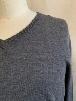 Mens, Pullover Sweater, J. CREW, Dk Gray, Wool, Solid, Heathered, XL T, V-N,