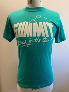 Mens, T-shirt, SCREEN STARS BEST, Turquoise Blue, White, Cotton, Polyester, Text, M, CN, S/S, "SUMMIT, REACH FOR THE TOP!", Outline Of Flag