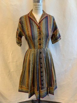 PAT HARTLY, Red, Brown, Tan Brown, Orange, French Blue, Synthetic, Stripes, Black Paisley Pattern, Collar Attached, V-neck, Gathered Short Sleeves with 2 Snaps, 12 Black Buttons Down Front, Pleated Skirt *Small Moth Holes All Around*