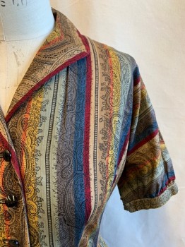 PAT HARTLY, Red, Brown, Tan Brown, Orange, French Blue, Synthetic, Stripes, Black Paisley Pattern, Collar Attached, V-neck, Gathered Short Sleeves with 2 Snaps, 12 Black Buttons Down Front, Pleated Skirt *Small Moth Holes All Around*