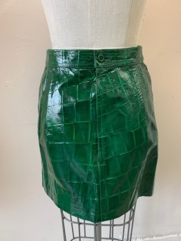 Womens, Skirt, UNGARO, Emerald Green, Leather, Solid, Reptile/Snakeskin, W24, Mini, Back Zipper, Button Closure, Embossed Crocodile Print