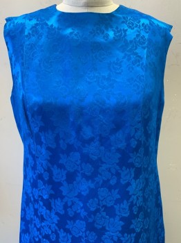 NO LABEL, Blue, Polyester, Silk, Floral, Sleeveless, Crew Neck, Vertical Seams, Straight Fit, MTO