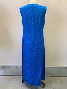 NO LABEL, Blue, Polyester, Silk, Floral, Sleeveless, Crew Neck, Vertical Seams, Straight Fit, MTO