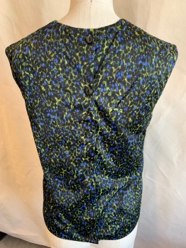 Womens, Top, N/L, Green, Indigo Blue, Polyester, Novelty Pattern, B: 32, Slvs CN, Buttons at Back, 1960's