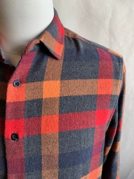 Mens, Casual Shirt, TOPMAN, Red, Charcoal Gray, Orange, Cotton, Polyester, Check , S, Button Front, Collar Attached, Long Sleeves, Button Cuff