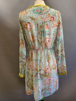 Womens, Dress, Long & 3/4 Sleeve, NICK & MO, White, Multi-color, Chartreuse Green, Turquoise Blue, Pink, Polyester, Floral, W:28, B:34, Sheer Chiffon, Scoop Neck, 6 Chartreuse Faceted Buttons at Front, Neckline, Placket and Cuffs are Chartreuse Solid Trim, Frayed Edge at Neckline, Vertical Pin Tucks in Front, Hem Above Knee
