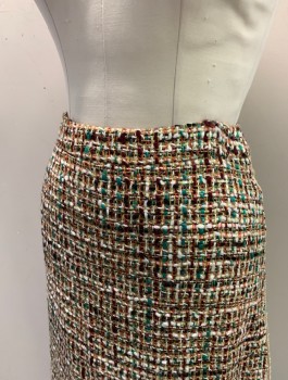 Womens, Skirt, Knee Length, PRADA, Multi-color, Wool, Viscose, Speckled, W:29, Textured Boucle with White, Black, Orange, and Green Weave, 1.5" Wide Self Waistband, Tan Grosgran Stripe at Outseam, High End/Designer