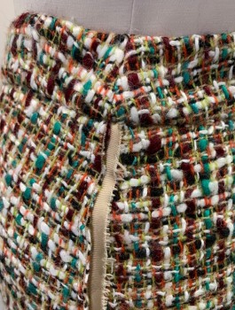 Womens, Skirt, Knee Length, PRADA, Multi-color, Wool, Viscose, Speckled, W:29, Textured Boucle with White, Black, Orange, and Green Weave, 1.5" Wide Self Waistband, Tan Grosgran Stripe at Outseam, High End/Designer