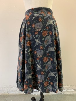 Womens, 1970s Vintage, Suit, Skirt, NL, Dk Olive Grn, Terracotta Brown, Beige, Cotton, Floral, Animal Print, Waistband, Zip Back, A-Line, Hem Below Knee