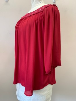 Womens, Blouse, EYESHADOW, Red, Polyester, Solid, 2XL, L/S, Wide Neck, Crochet Neck Trim, Multiples