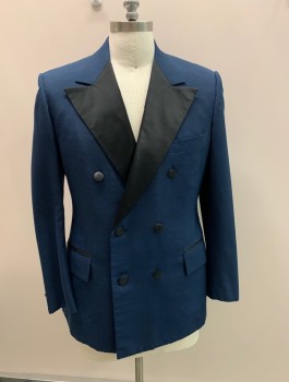 Mens, 1970s Vintage, Formal Jacket, LORD WEST, Dk Blue, Black, Wool, Solid, Color Blocking, 34/31, 40R, Double Breasted, 6 Buttons, Peaked Lapel, 3 Pockets,