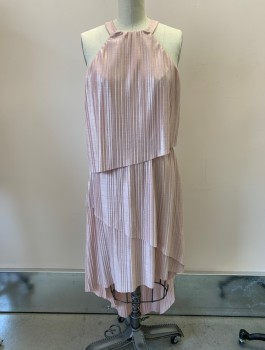 LAUNDRY, Iridescent Pink, Polyester, Solid, Poly/jersey Knit , Accordion Pleats,  Round Halter Neck,  Asymmetrical  Tier Layers High Low Hem, CB Zipper W/keyhole,