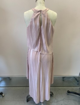 LAUNDRY, Iridescent Pink, Polyester, Solid, Poly/jersey Knit , Accordion Pleats,  Round Halter Neck,  Asymmetrical  Tier Layers High Low Hem, CB Zipper W/keyhole,