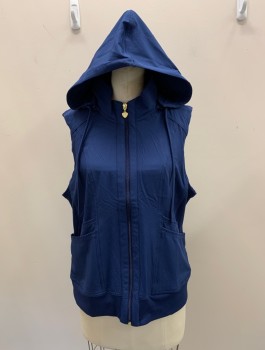Womens, Vest, HEART SOUL, Navy Blue, Polyester, Spandex, Solid, M, Zip Front, Detachable Hood, Mock Neck, 4 Pockets, Ties At Neck,