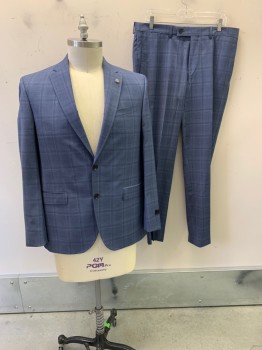 TED BAKER, French Blue, Blue, Wool, Plaid, Notched Lapel, Single Breasted, Button Front, 2 Buttons, 3 Pockets