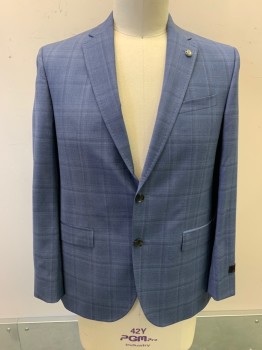 TED BAKER, French Blue, Blue, Wool, Plaid, Notched Lapel, Single Breasted, Button Front, 2 Buttons, 3 Pockets