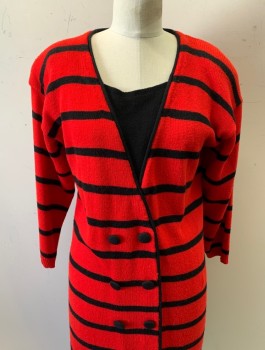 JAZZY, Red, Black, Acrylic, Stripes - Horizontal , Knit, Scoop Neck, Padded Shoulders, Faux Black Under Shirt, Button Front, L/S