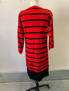 JAZZY, Red, Black, Acrylic, Stripes - Horizontal , Knit, Scoop Neck, Padded Shoulders, Faux Black Under Shirt, Button Front, L/S