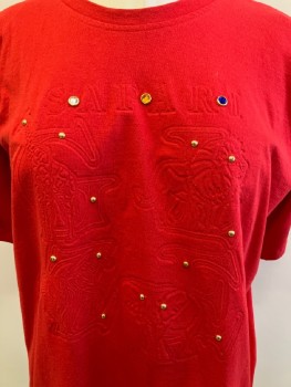 KAVIO DESIGNS, Red, Cotton, Solid, CN, S/S, Animal And Letter Pressed Design, Gold And Gem Studs, Shoulder Pads