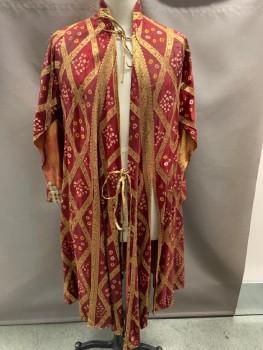 Unisex, Sci-Fi/Fantasy Robe, N/l, Red Burgundy, Gold, Cream, Silk, Organza/Organdy, Triangles, Circles, XL, L, STAND COLLAR,WING SLEEVES, OPEN SLITS WITH SILVER ALUMINUM,  CIRCLE DETAIL