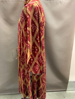 N/l, Red Burgundy, Gold, Cream, Silk, Organza/Organdy, Triangles, Circles, STAND COLLAR,WING SLEEVES, OPEN SLITS WITH SILVER ALUMINUM,  CIRCLE DETAIL