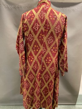 N/l, Red Burgundy, Gold, Cream, Silk, Organza/Organdy, Triangles, Circles, STAND COLLAR,WING SLEEVES, OPEN SLITS WITH SILVER ALUMINUM,  CIRCLE DETAIL