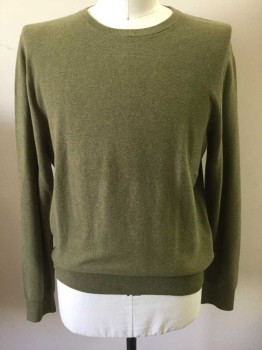 Mens, Pullover Sweater, J CREW, Moss Green, Cotton, Solid, L, Horizontal Ribbed Knit, Long Sleeves, Ribbed Knit Scoop Neck/Waistband/Cuff