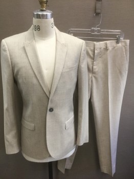 Mens, Suit, Jacket, TOPMAN, Oatmeal Brown, Gray, Polyester, Rayon, Heathered, 40R, Oatmeal with Gray Streaks/Heather, Single Breasted, Peaked Lapel, 1 Button, 3 Pockets, Slim Fit