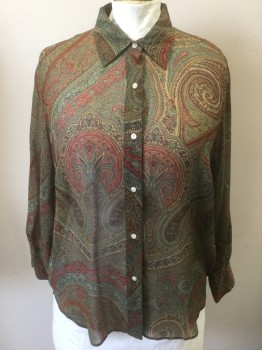 Womens, Blouse, RALPH LAUREN, Multi-color, Olive Green, Tan Brown, Emerald Green, Red, Silk, Paisley/Swirls, B46, 16, Chiffon, Long Sleeve Button Front, Collar Attached