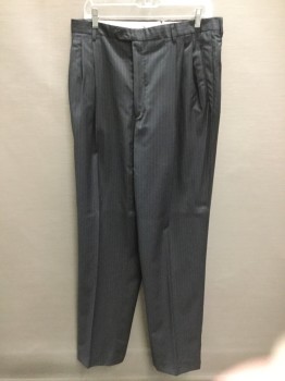 Mens, Suit, Pants, ADOLFO TRABALDO, Charcoal Gray, Gold, Wool, Stripes, 35, 38, Double Pleats, Zip Fly, Button Tab Belt Loops