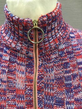 RADLEYETTE, Red, Royal Blue, White, Acrylic, Heathered, Red/White/Blue Specked, Ribbed, Long Sleeves, Pullover, Zipper W/Metal O Ring Pull At Center Front Neck, Cropped Length,
