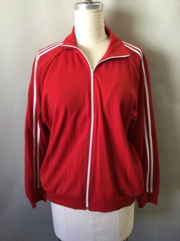 Womens, 1990s Vintage, Piece 1, N/L, Red, White, Polyester, Solid, Stripes, Track Suit Jacket, Zipper Front, Stand Collar, 2 White Stripes On Sleeve