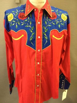 ROCKMOUNT RANCH WEAR, Red, Blue, Yellow, Green, Cotton, Floral, Solid, Long Sleeves, Floral Embroidery, Western Pocket, Snap Front, 5 Snaps On Cuffs, Double