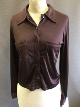 Womens, Blouse, RAMPAGE, Dk Brown, Polyester, Solid, S, Long Sleeves, Button Front, Collar Attached, 2 Pockets, Knit,