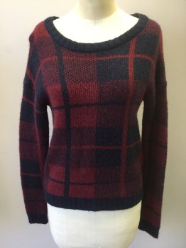 Womens, Pullover, AQUA, Navy Blue, Maroon Red, Acrylic, Plaid, XS, Navy & Maroon Oversized Plaid Pattern Knit, Wide Scoop Neck, Long Sleeves