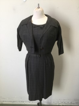 Womens, 1960s Vintage, Suit, Dress, N/L, Gray, Black, Red, Cotton, Plaid, W30, B40, H40, Short Sleeves, Jewel Neck with Self Bow Detail at Front Neck. Fitted at Waist with Darts and Pleated Waist with Matching Self Belt
