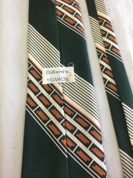 Mens, Tie, Dillards By Damon, Dk Green, Cream, Rust Orange, Polyester, Geometric, Stripes
