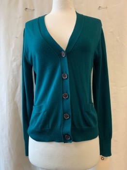 Womens, Sweater, J CREW, Dk Green, Acrylic, Solid, B: 36, M, L/S, V-neck,, 5 Buttons, 2 Pockets