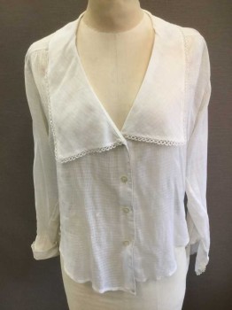 N/L, White, Cotton, Grid , Solid, Textured Lightweight Cotton Batiste, Long Sleeve Button Front, Wide Collar, Small Lace Edging At Collar and Cuffs, V-neck, Gathered At Center Back Waist with Self Twill Ties,  **Mended/Repaired Significantly Throughout, Has Stain At Back Of Collar,