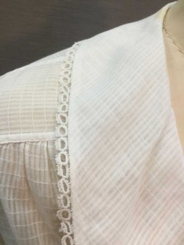 N/L, White, Cotton, Grid , Solid, Textured Lightweight Cotton Batiste, Long Sleeve Button Front, Wide Collar, Small Lace Edging At Collar and Cuffs, V-neck, Gathered At Center Back Waist with Self Twill Ties,  **Mended/Repaired Significantly Throughout, Has Stain At Back Of Collar,