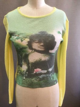 Womens, Top, N/L, Lemon Yellow, Mint Green, Green, Dk Gray, Viscose, Polyester, B:32, Lightweight/Sheer Knit, with Buddha Graphic at Front, Lemon Sleeves and Back, Long Sleeves, Scoop Neck, Pullover, Form Fitting,