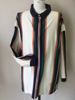 Mens, Polo Shirt, IZOD, White, Navy Blue, Orange, Green, Maroon Red, Cotton, Stripes - Vertical , 3XL, Long Sleeves, Navy Collar, Hidden Button Placket, Ribbed Knit Cuff