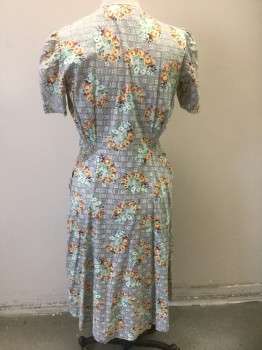 SLENDERALL, Multi-color, Off White, Navy Blue, Terracotta Brown, Kelly Green, Cotton, Floral, Abstract , White with Navy Squares/Abstract Lines Patter, with Terra Cotta, Light Yellow, Kelly Green Flowers, Puffy Short Sleeves, Sweetheart Neckline, Zip Front, Smocked Panels at Shoulders and Hips, 2 Hip Pockets, Hem Below Knee,
